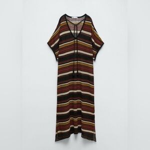 Zara Striped V-Neck Maxi Dress Cover-Up in Red, Black, Gold and Ivory
